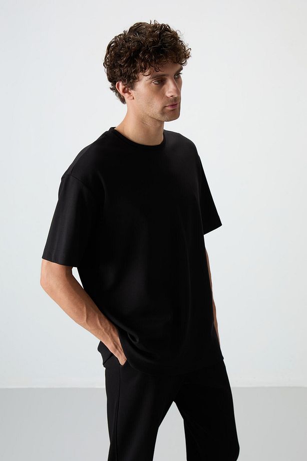 Siyah Pamuklu Kalın Yumuşak Dokulu Oversize Fit Basic Erkek Eşofman Takım - 85251 - 6
