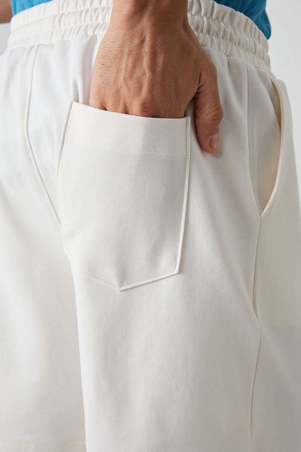 Ekru Pamuklu Kalın Yumuşak Dokulu Comfort Fit Basic Erkek Şort - 81274 - 5