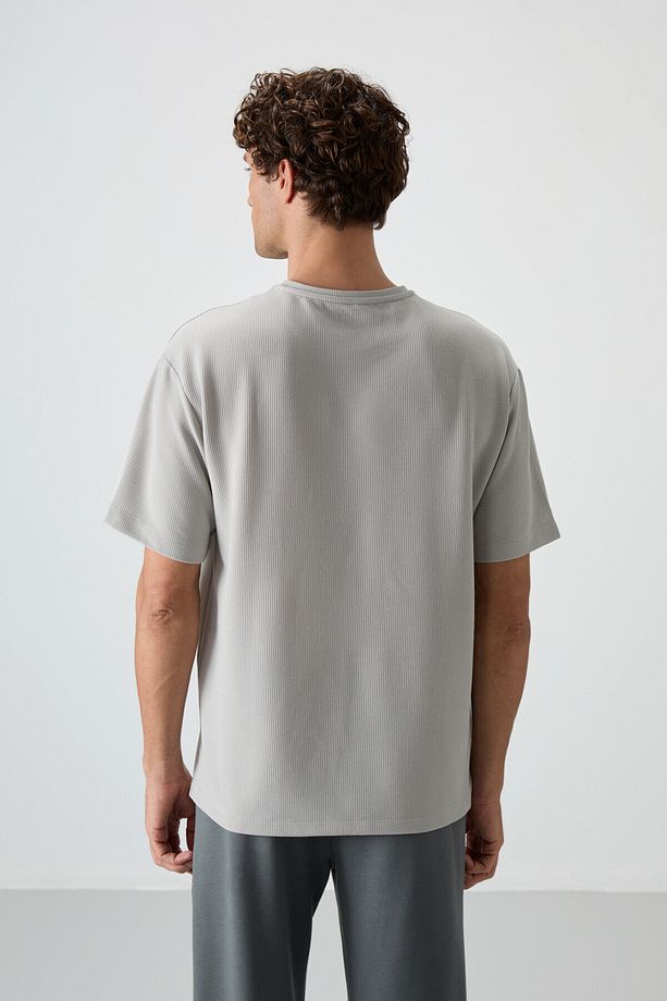 Taş Waffle İnterlok Yüzeyi Dokulu Oversize Fit Basic Erkek T-Shirt - 88380 - 6