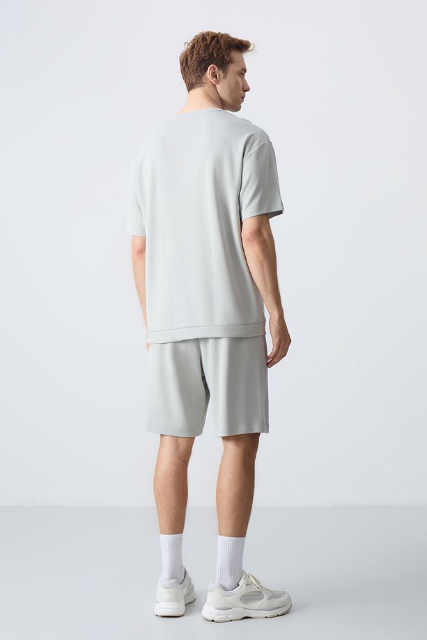 Taş Pamuklu Kalın Yumuşak Dokulu Oversize Fit Basic Erkek Şort Takım - 85257 - 9