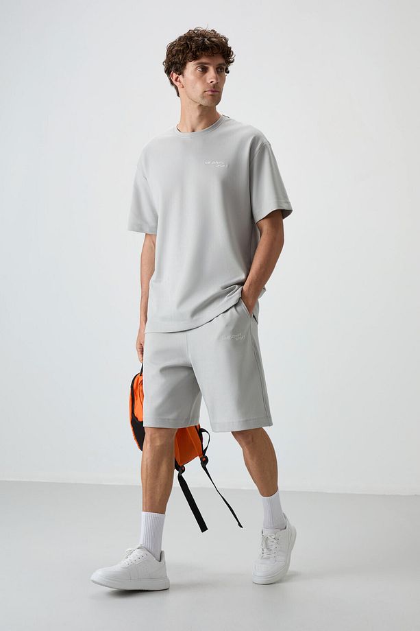 Taş Pamuklu Kalın Yumuşak Dokulu Oversize Fit Nakışlı Erkek Şort Takım - 85250 - 1