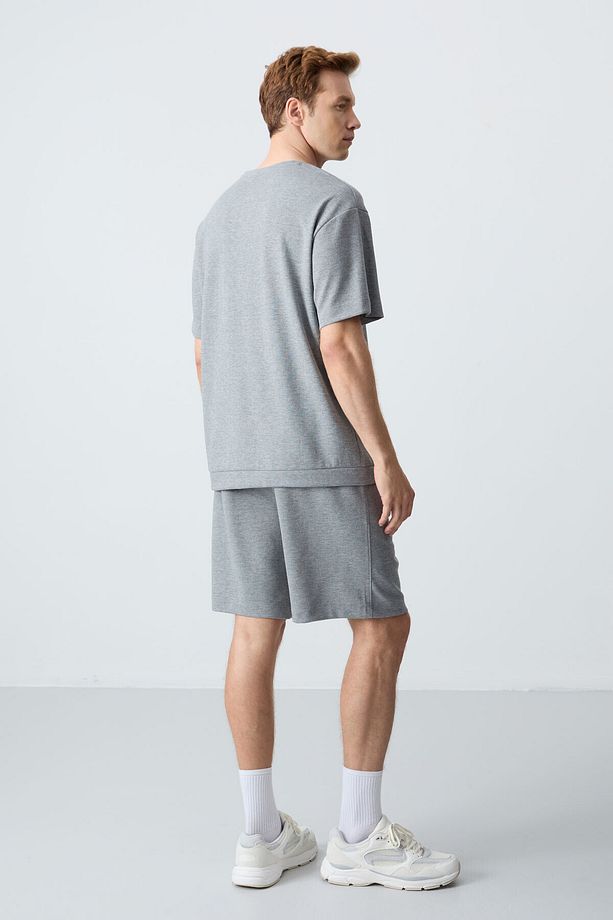Gri Melanj Pamuklu Kalın Yumuşak Dokulu Oversize Fit Basic Erkek Şort Takım - 85257 - 9