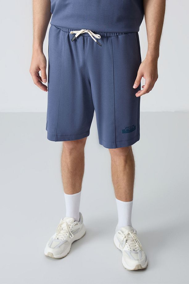Petrol Pamuklu Kalın Yumuşak Dokulu Oversize Fit Basic Erkek Şort Takım - 85259 - 4