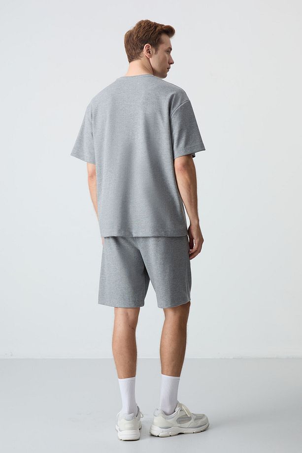 Gri Melanj Pamuklu Kalın Yumuşak Dokulu Oversize Fit Basic Erkek Şort Takım - 85259 - 9