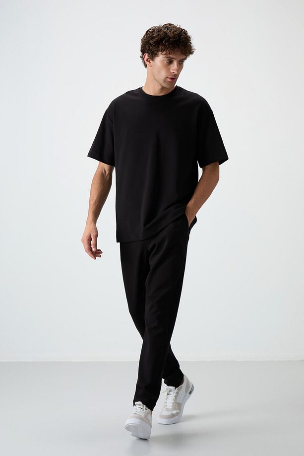 Siyah Pamuklu Kalın Yumuşak Dokulu Oversize Fit Basic Erkek Eşofman Takım - 85251 - 1