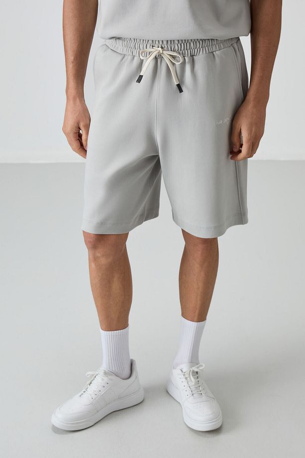 Taş Pamuklu Kalın Yumuşak Dokulu Oversize Fit Nakışlı Erkek Şort Takım - 85250 - 5