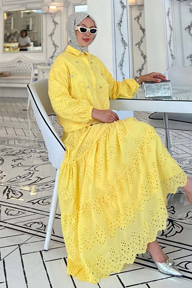 Stone Detailed Scallop Skirt Suit Yellow 1427