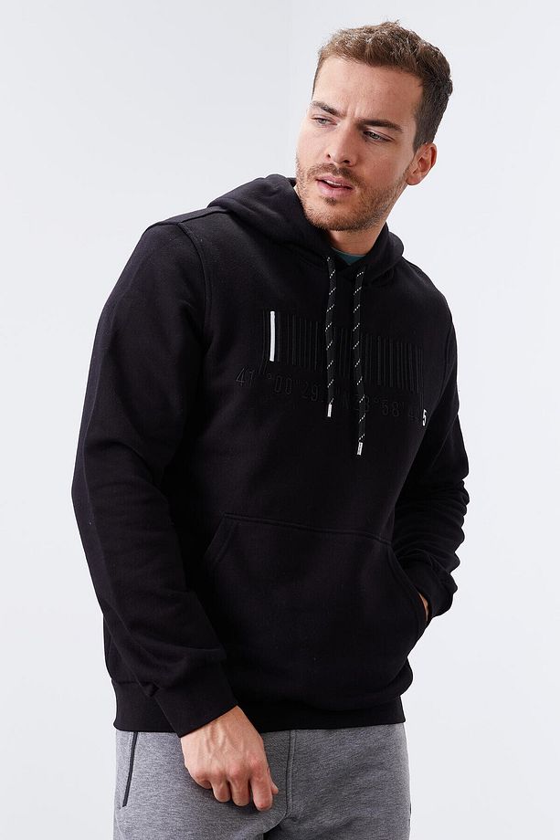 Siyah Nakışlı Kanguru Cep Standart Kalıp Kapüşonlu Erkek Sweatshirt - 87839 - 6
