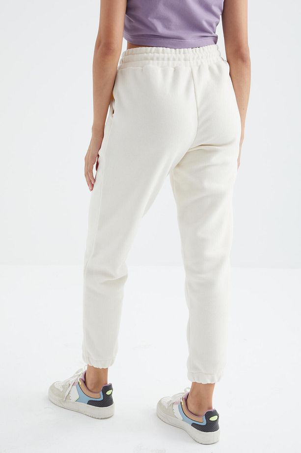 Ekru Yüksek Bel Basic Bağcıklı Jogger Polar Kadın Eşofman Alt - 94622 - 9