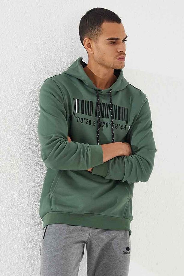 Yeşil Nakışlı Kanguru Cep Standart Kalıp Kapüşonlu Erkek Sweatshirt - 87839 - 6