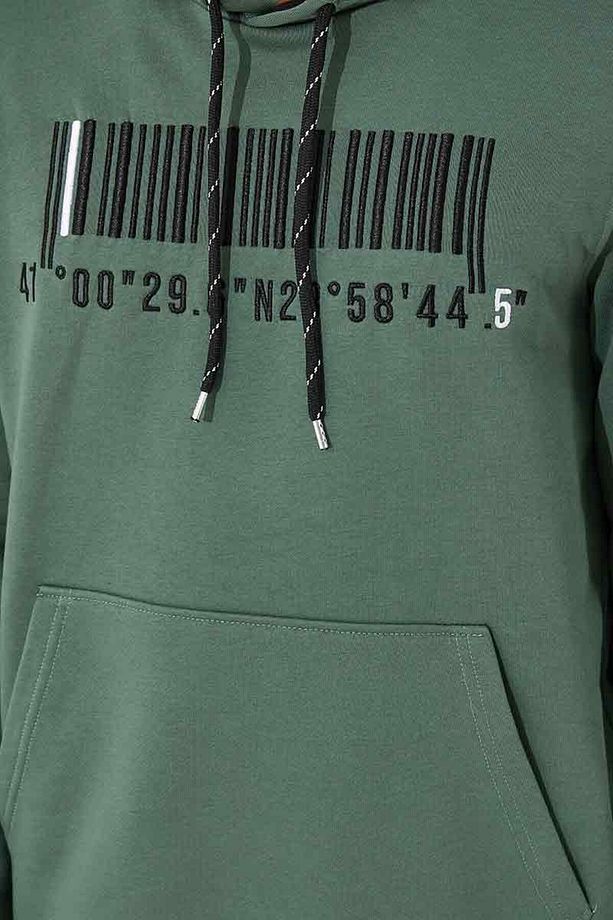 Yeşil Nakışlı Kanguru Cep Standart Kalıp Kapüşonlu Erkek Sweatshirt - 87839 - 4