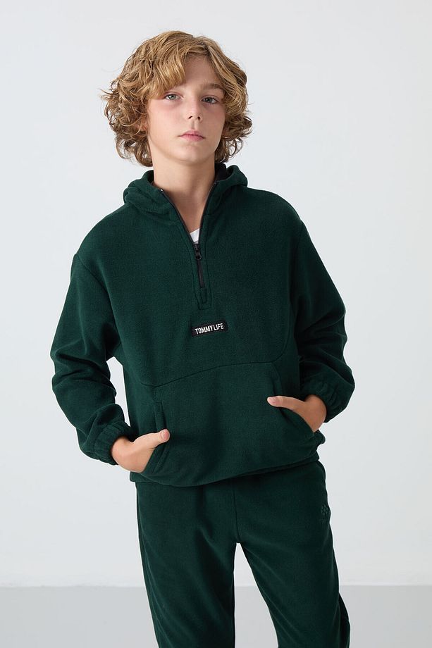 Çam Yeşil Kalın Yumuşak Dokulu Standart Fit Nakışlı Polar Erkek Çocuk Sweatshirt - 11230 - 1