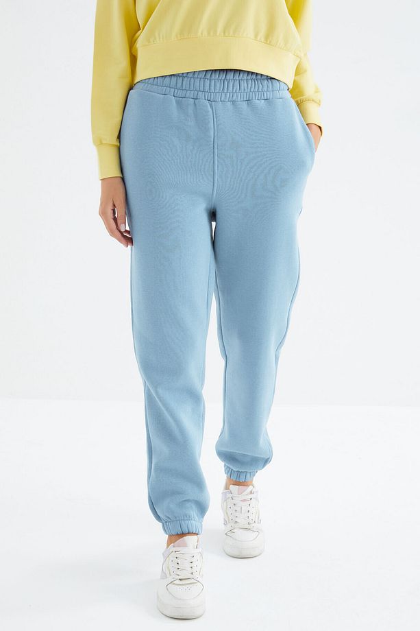 Açık Mavi Yüksek Bel Rahat Form Basic Jogger Kadın Eşofman Altı - 94624 - 3