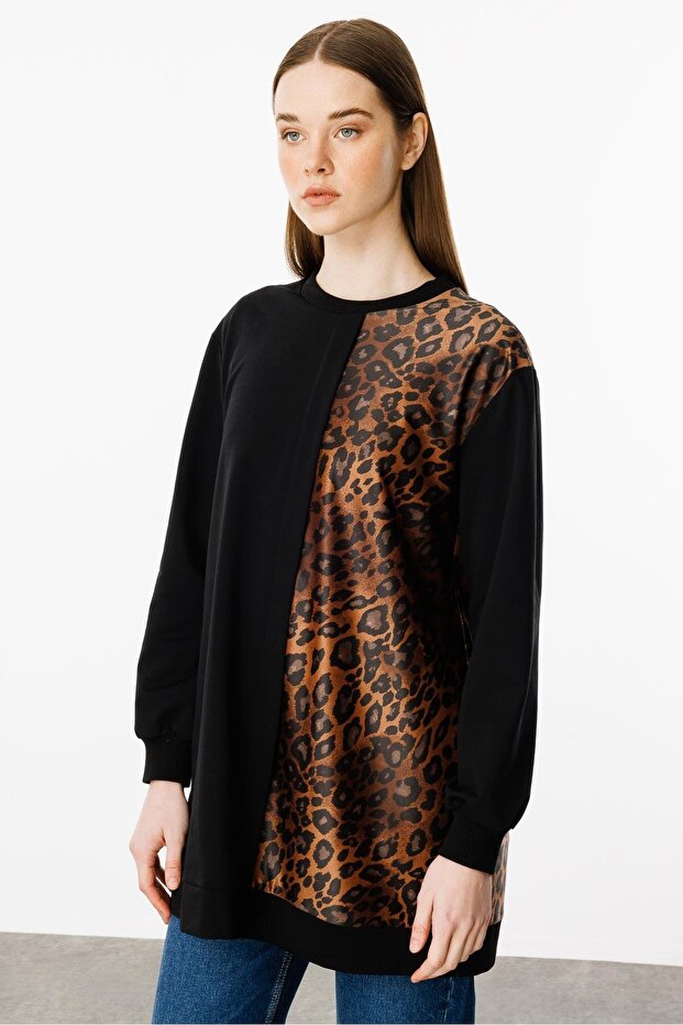 Leopar İnce Örme Basen Örten Kap Tunik-Siyah - 3