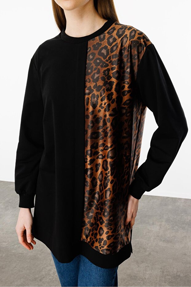 Leopar İnce Örme Basen Örten Kap Tunik-Siyah - 6