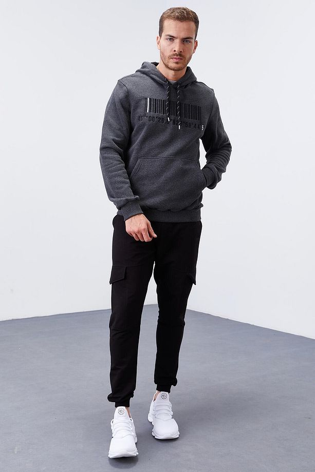 Antrasit Melanj Nakışlı Kanguru Cep Standart Kalıp Kapüşonlu Erkek Sweatshirt - 87839 - 3