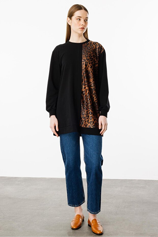 Leopar İnce Örme Basen Örten Kap Tunik-Siyah - 5