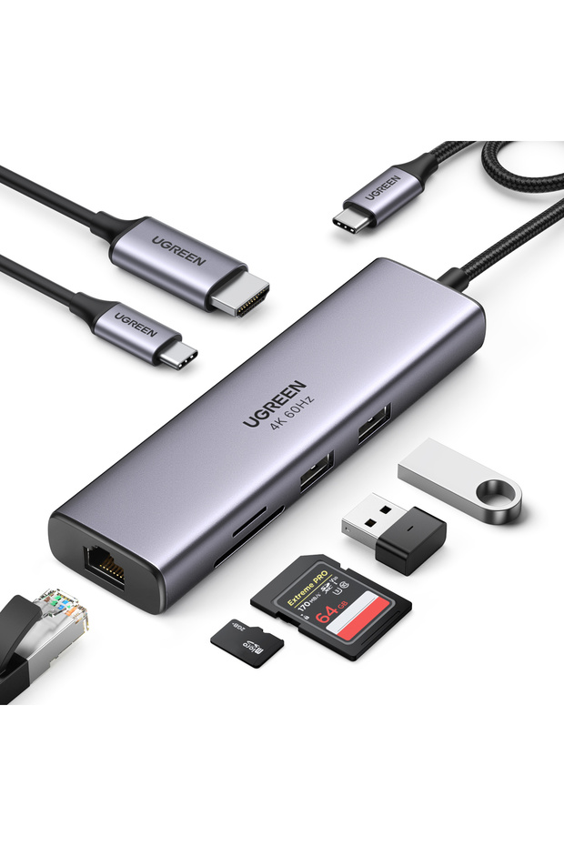 USB-C to 2*USB3.0+HDMI+RJ45+SD&TF +PD port Converter Gray - 1