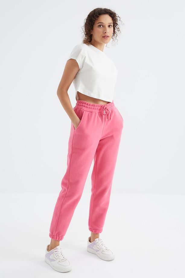 Şeker Pembe Yüksek Bel Basic Bağcıklı Jogger Polar Kadın Eşofman Alt - 94622 - 7