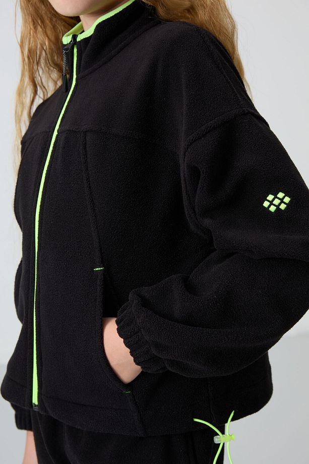 Siyah Kalın Yumuşak Dokulu Standart Fit Nakışlı Polar Kız Çocuk Sweatshirt - 75157 - 3