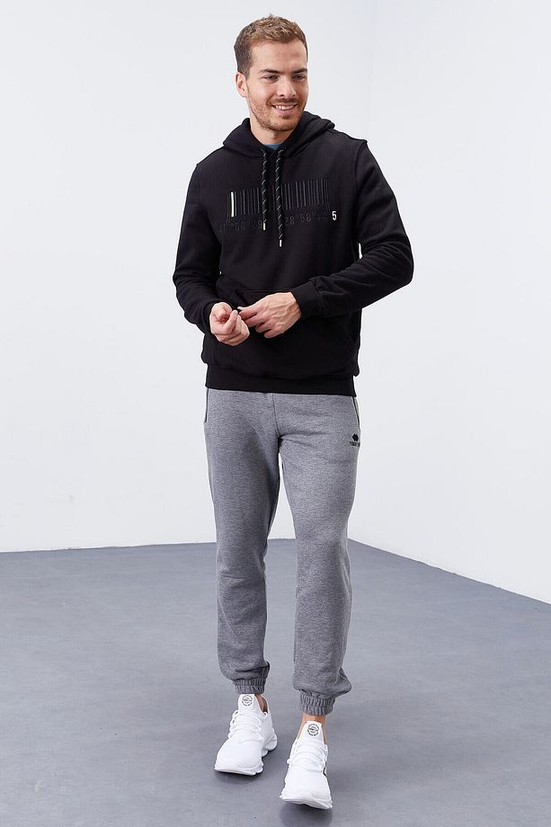 Siyah Nakışlı Kanguru Cep Standart Kalıp Kapüşonlu Erkek Sweatshirt - 87839 - 7