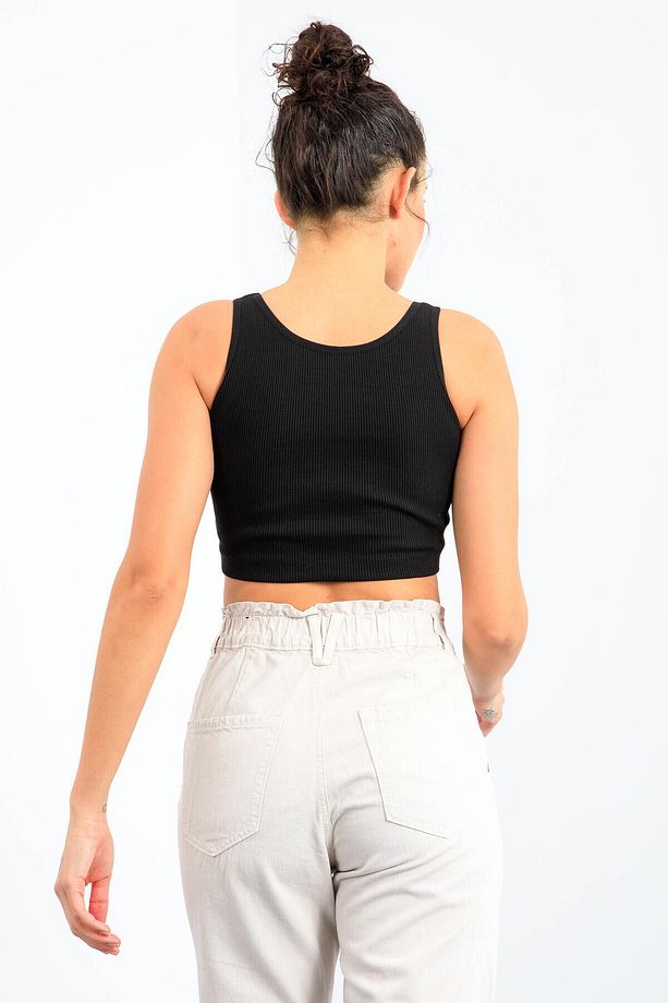 Siyah Basic Sıfır Kol Dar Kalıp U Yaka Kadın Crop Top Atlet - 97160 - 8