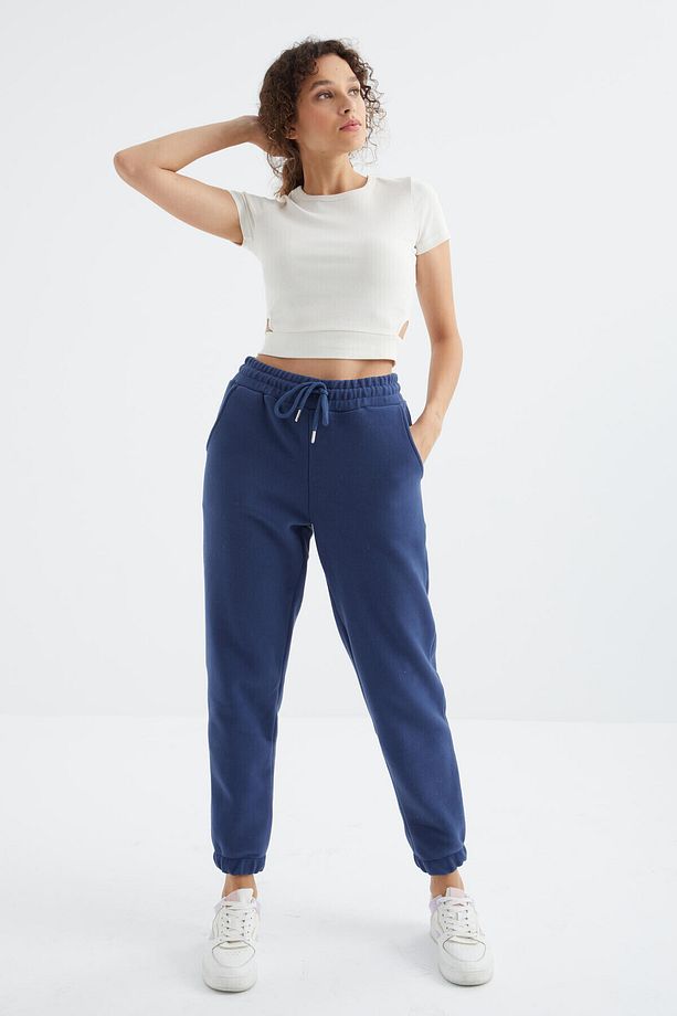 İndigo Yüksek Bel Basic Bağcıklı Jogger Polar Kadın Eşofman Alt - 94622 - 6