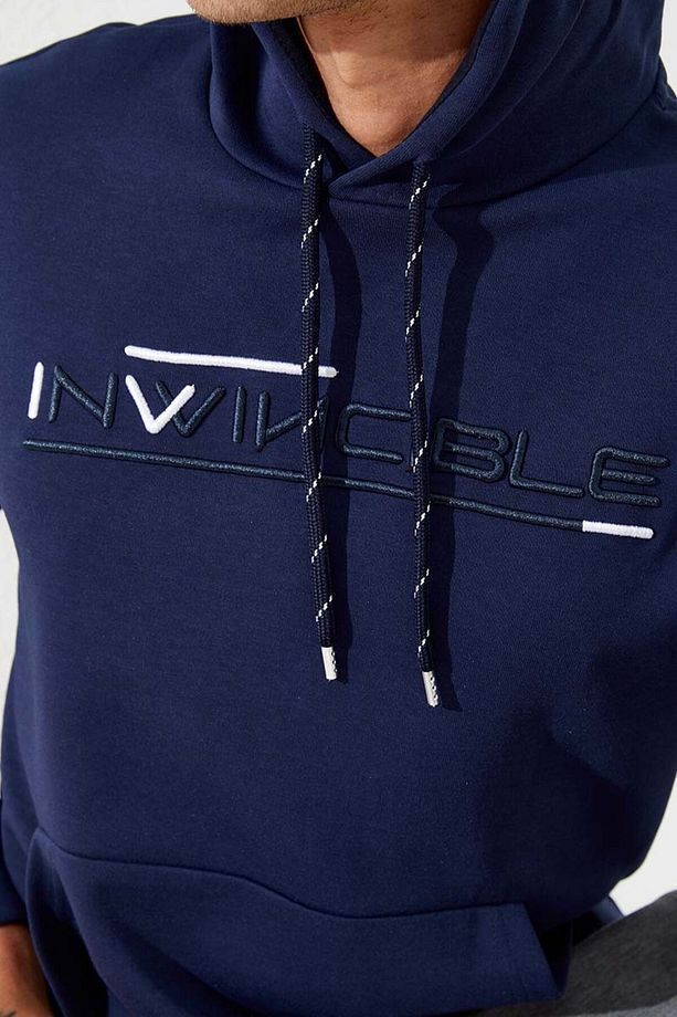 İndigo Kanguru Cep Standart Kalıp Kapüşonlu Erkek Sweatshirt - 87883 - 3
