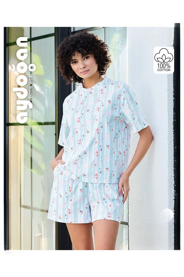 Kadın Oversize Süprem Kısa Kollu Cepli Şortlu %100 Pamuklu Desenli Pijama Takımı - 1