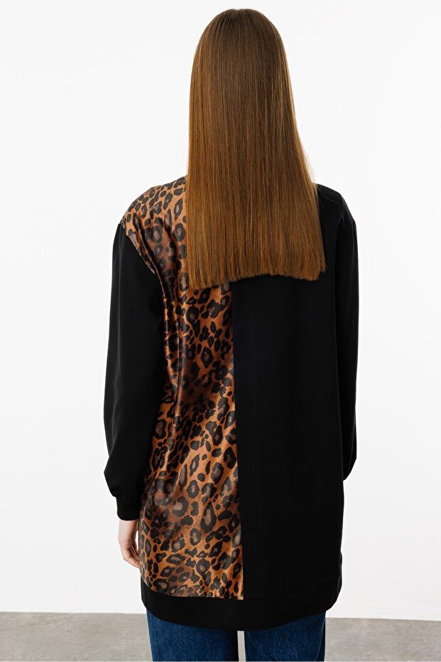 Leopar İnce Örme Basen Örten Kap Tunik-Siyah - 7