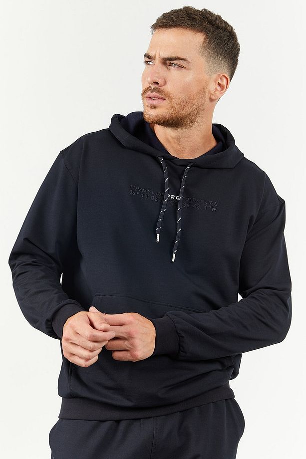 Lacivert Kapüşonlu Kanguru Cep Lastik Paça Erkek Oversize Eşofman Takımı - 85117 - 7