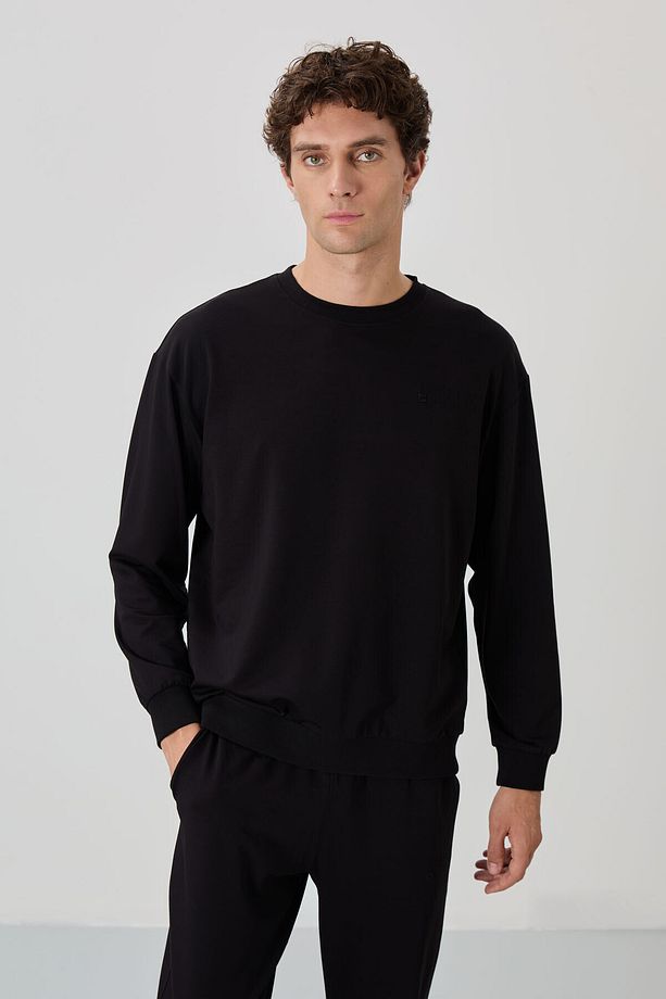 Siyah Casual O Yaka Lastik Paça Pamuklu Erkek Oversize Eşofman Takımı - 85120 - 3