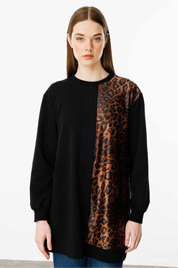 Leopar İnce Örme Basen Örten Kap Tunik-Siyah - 1