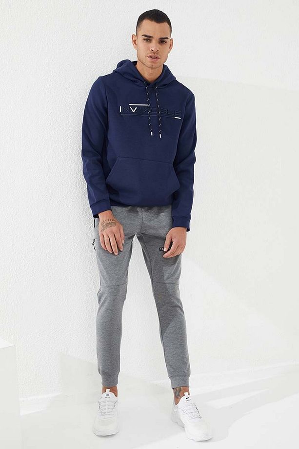 İndigo Kanguru Cep Standart Kalıp Kapüşonlu Erkek Sweatshirt - 87883 - 4