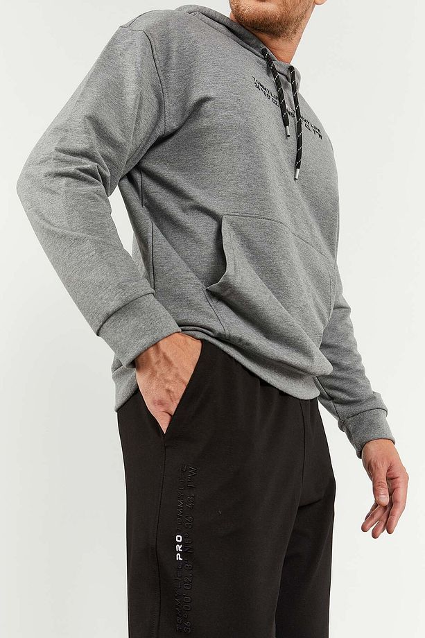 Gri Melanj - Siyah Kapüşonlu Kanguru Cep Lastik Paça Erkek Oversize Eşofman Takımı - 85117 - 8