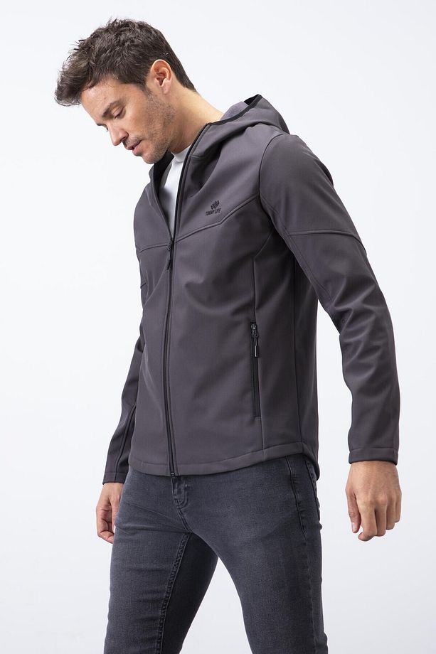 Antrasit Fermuarlı Kapüşonlu Su Ve Rüzgar Geçirmez Softshell Erkek Mont - 88051 - 4