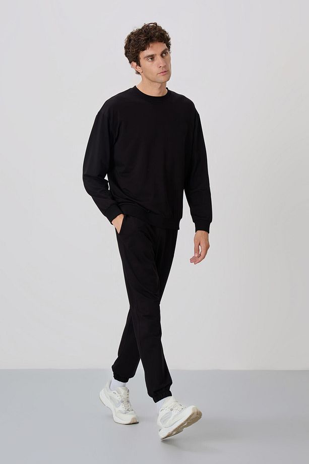 Siyah Casual O Yaka Lastik Paça Pamuklu Erkek Oversize Eşofman Takımı - 85120 - 6