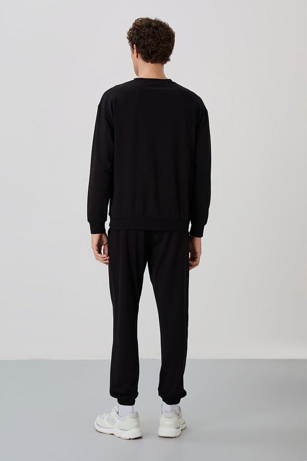 Siyah Casual O Yaka Lastik Paça Pamuklu Erkek Oversize Eşofman Takımı - 85120 - 8