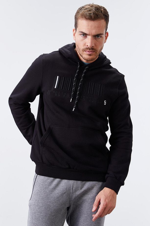 Siyah Nakışlı Kanguru Cep Standart Kalıp Kapüşonlu Erkek Sweatshirt - 87839 - 4