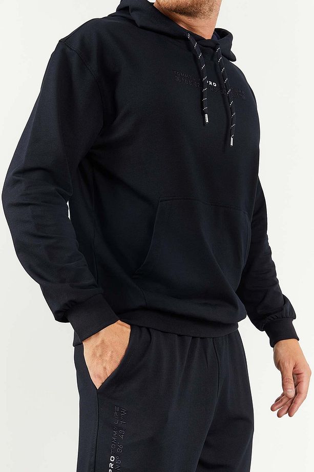Lacivert Kapüşonlu Kanguru Cep Lastik Paça Erkek Oversize Eşofman Takımı - 85117 - 9