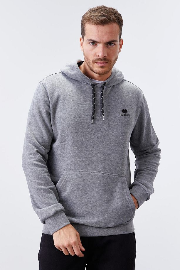 Gri Melanj Kanguru Cep Standart Kalıp Kapüşonlu Erkek Sweatshirt - 87872 - 4