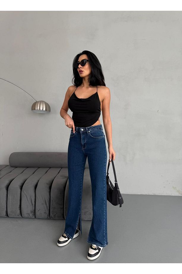 YIRTMAÇ DETAYLI BORU PAÇA DARK BLUE LYCRA JEAN - 4