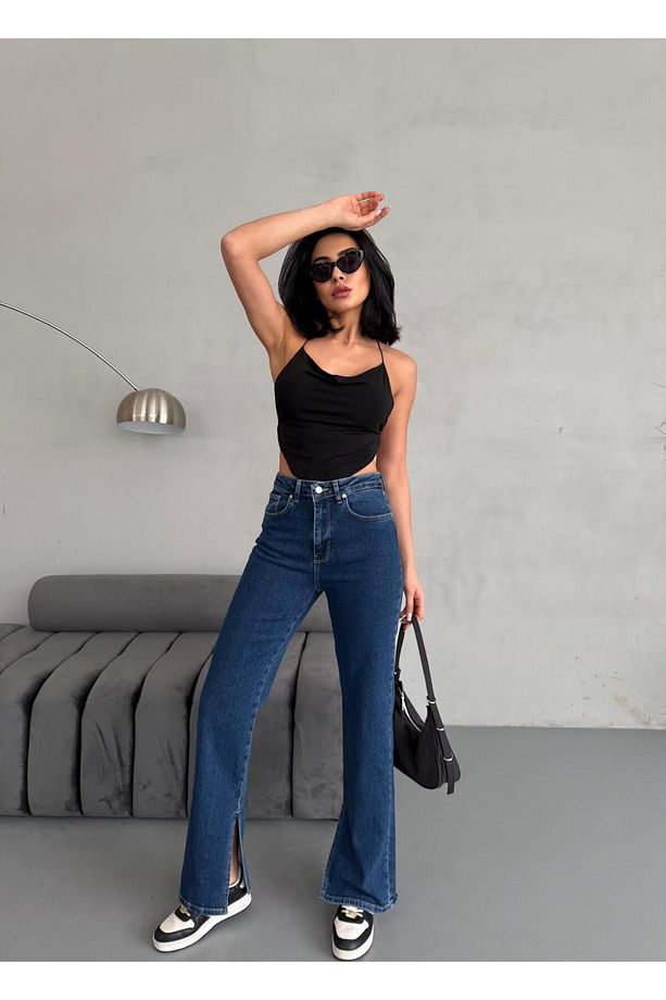 YIRTMAÇ DETAYLI BORU PAÇA DARK BLUE LYCRA JEAN - 2