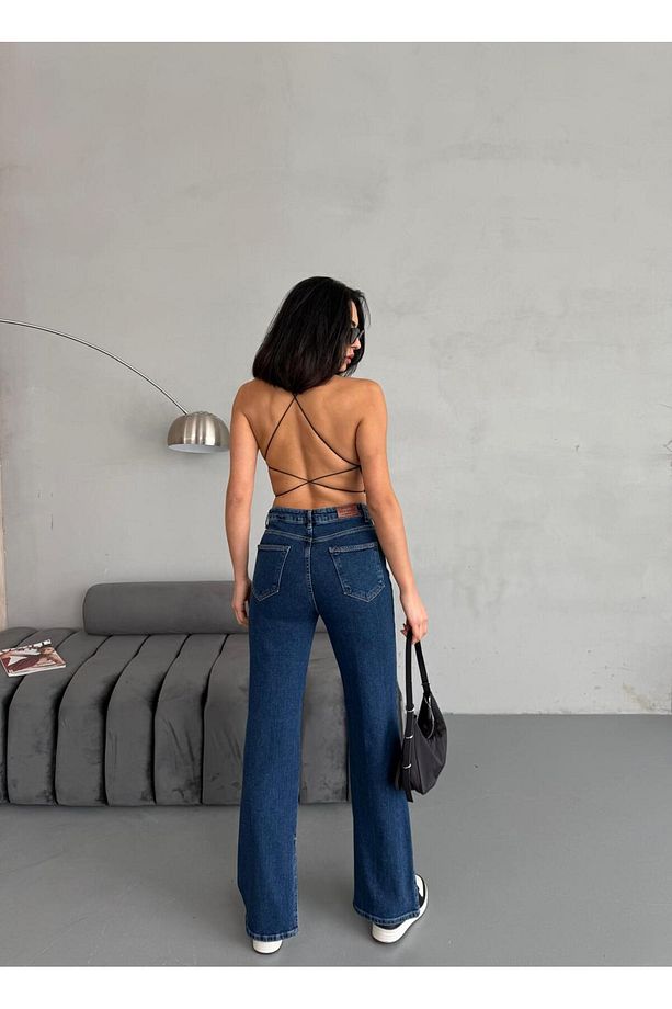 YIRTMAÇ DETAYLI BORU PAÇA DARK BLUE LYCRA JEAN - 8