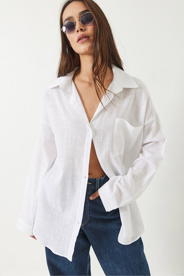 Kadın Tek Cepli Pamuk Viskon Oversize Basic Gömlek 4756 60261396 - 4