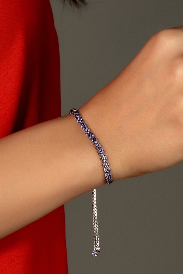 Mor Taşlı Gümüş Asansörlü Bileklik - 2