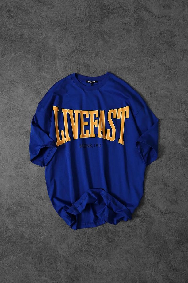 KOPYA - Erkek Mavi Livefast Baskılı Oversize Tshirt - 1