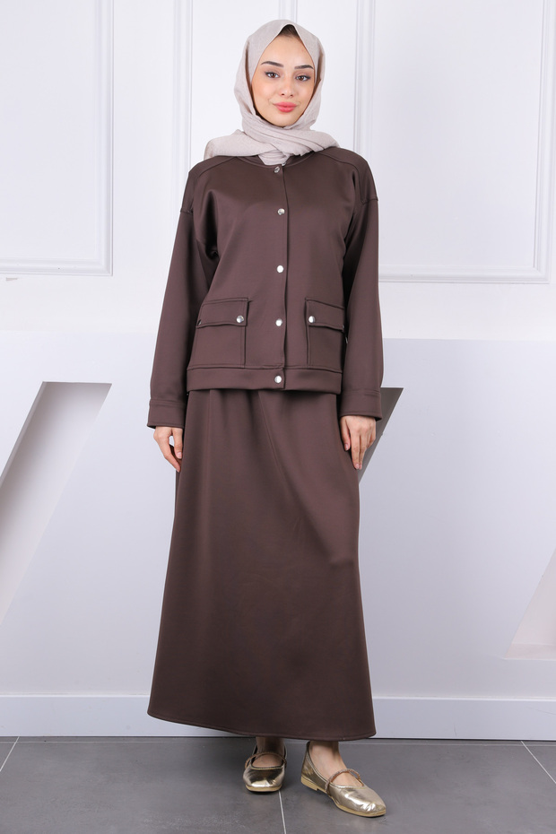 Brown Scuba Jacket Skirt Suit