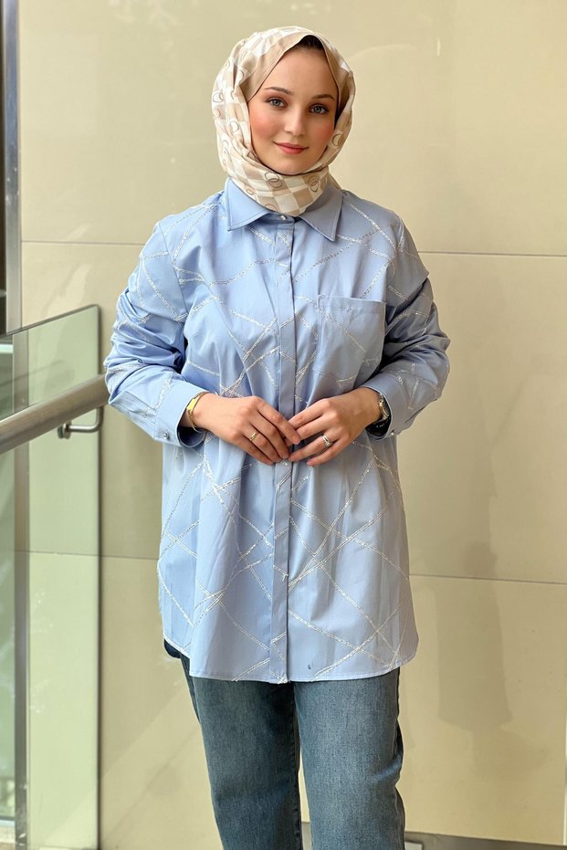 Fuat Gürşen Cross Sequin Stitched Cotton Shirt
