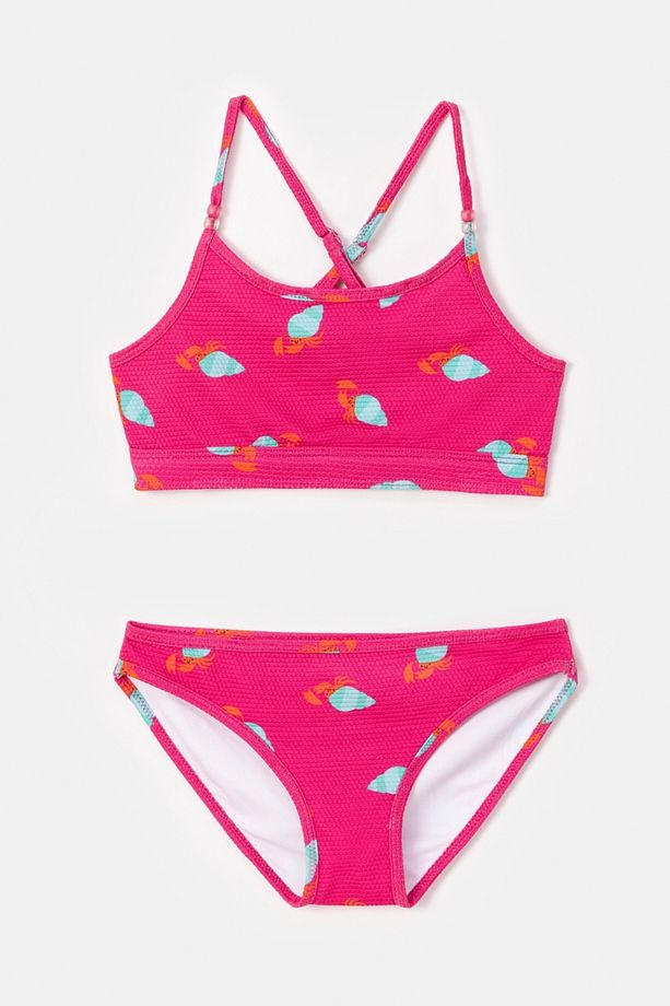 10-16 Yaş Kız Çocuk UPF50+ Korumalı Bikini-Zwc - 960-Yengeç Baskılı Pembe - 1
